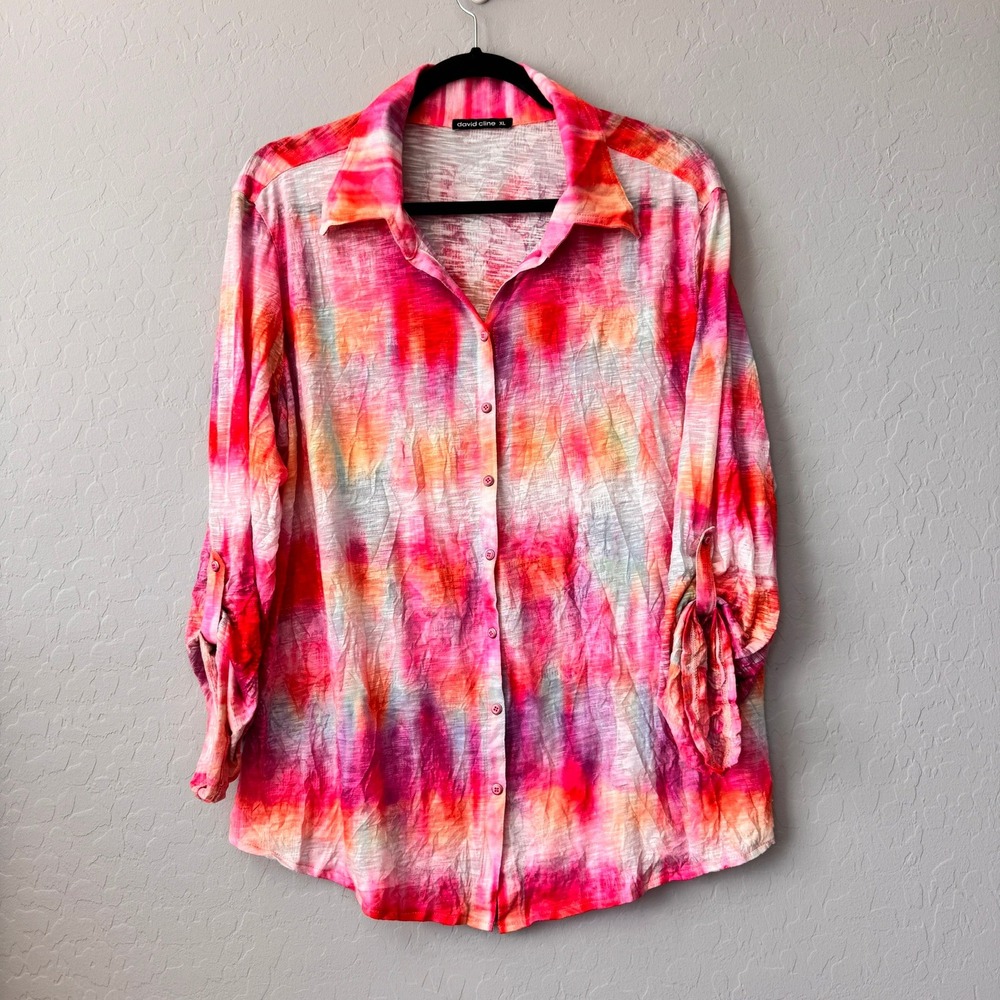 David Cline XL Button Up Top Pink Orange Tie Dye Roll Tab Long Sleeve Slub Knit